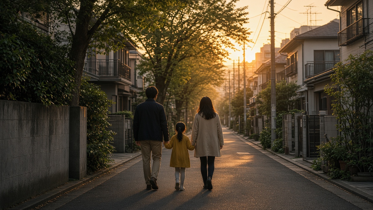 A family walking in a residential street (AI-generated image)
